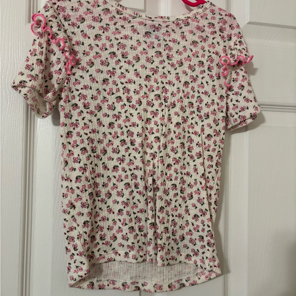 Cream Floral Ribbed Short-Sleeve Top